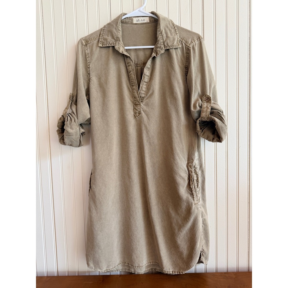 Bella Dahl Womens XS Olive Green Tencel Roll Tab Sleeve Shirt Dress Pockets